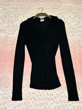 Clements Ribeiro Black Long-Sleeve Collared Sheer V-Neck Top - Women
